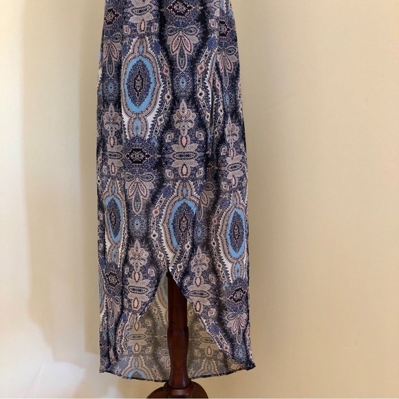 Lush. Faux Wrap High Low Maxi Dress. Blue and Pink Pattern. Small - Picture 3 of 15
